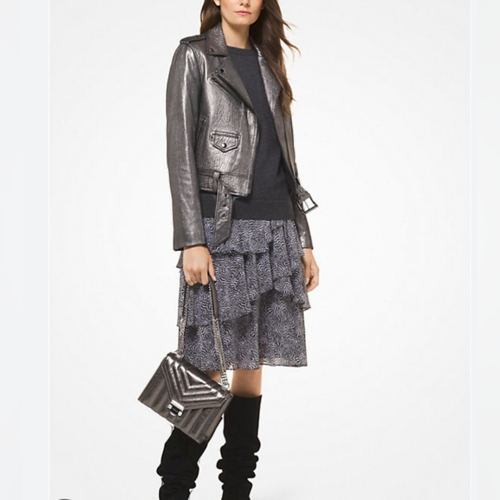 Michael kors Metallic Silver leather Women's Moto Jacket size XXS